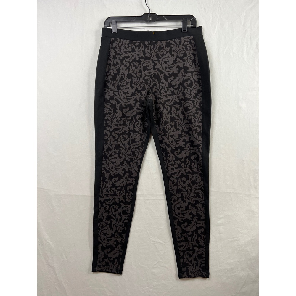 Chico's 1 Damask Scroll Leggings Womens M Ponte Black Grey Slimming Career